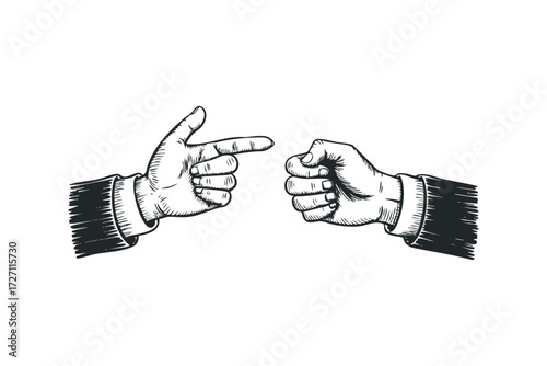 Two hands in suit sleeves, one pointing and one clenched. Vector hand drawn illustration