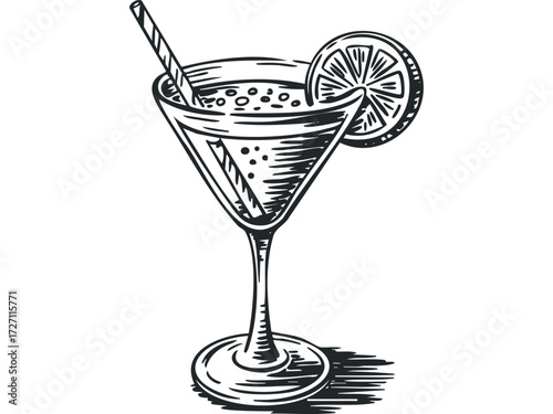 Hand Drawn Cocktail with Citrus Slice and Straw. Vector hand drawn illustration