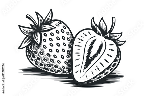 Stylized illustration of whole and halved strawberries. Vector hand drawn illustration