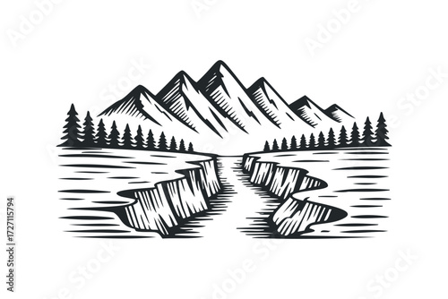 Mountain landscape with coniferous forest and river. Vector hand drawn illustration