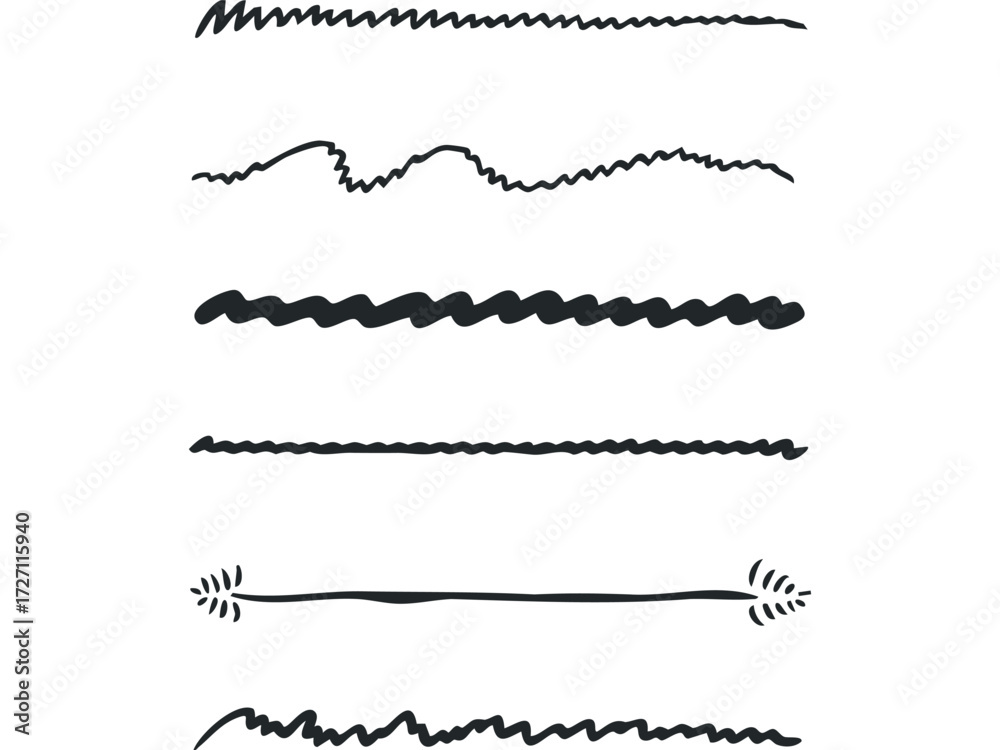 Obraz premium Set of seven hand-drawn wavy and dashed line dividers. Vector hand drawn illustration