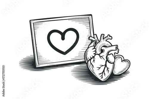 Anatomical Heart With Heart Symbol And Woodcut Style. Vector hand drawn illustration