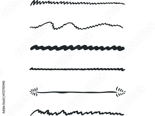 Set of seven hand-drawn wavy and dashed line dividers. Vector hand drawn illustration