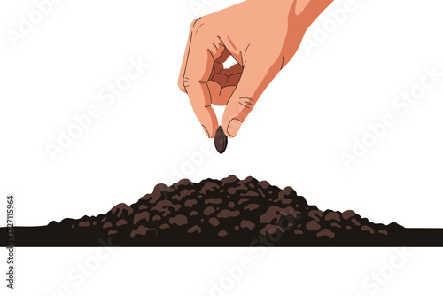 Hand planting seed in soil isolated on white background, symbolizing growth, new beginnings, and the nurturing act of cultivating life from the earth vector