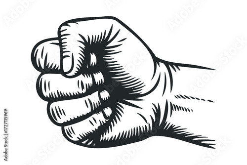 Black ink fist gesture on white background. Vector hand drawn illustration