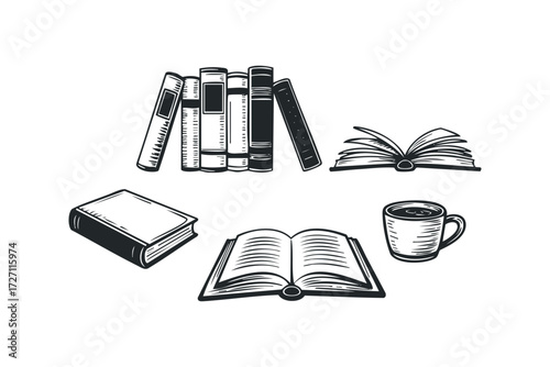 Collection of Open and Closed Books with Coffee Cup. Vector hand drawn illustration