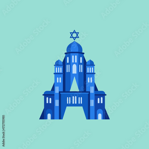 Illustration of a blue synagogue with a Star of David on top, set against a teal background.