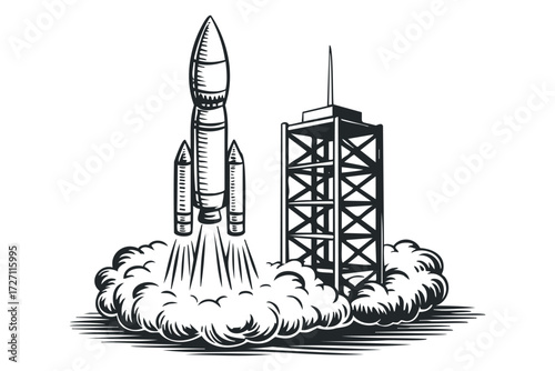Rocket Launch From Tower With Smoke. Vector hand drawn illustration