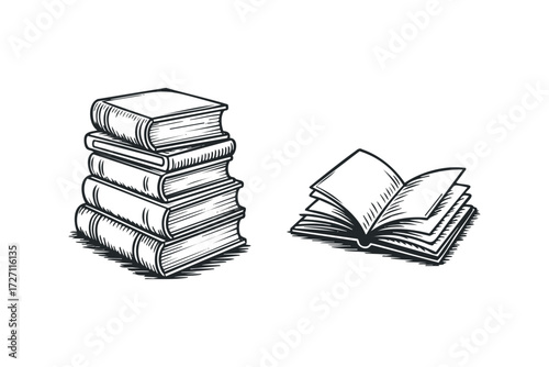 Stack of hardbound books next to an open volume. Vector hand drawn illustration