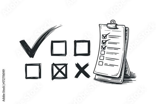 Hand drawn check mark and checklist on clipboard. Vector hand drawn illustration
