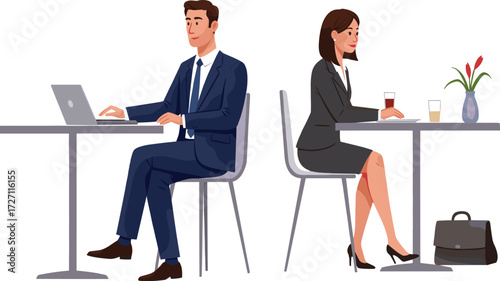 Business professionals working remotely in modern café setting with digital devices, coffee, briefcase, and flowers in casual workspace environment