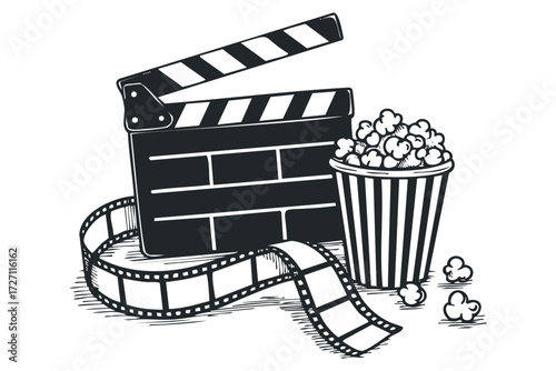 Movie clapperboard with film reel and popcorn. Vector hand drawn illustration