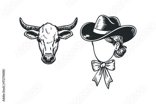 Taurus bull head and cowgirl with hat and bow. Vector hand drawn illustration