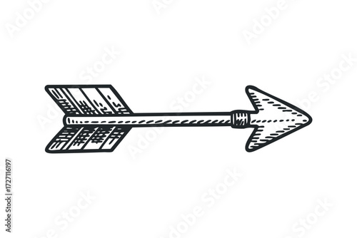 Hand Drawn Arrow with Fletching and Point. Vector hand drawn illustration