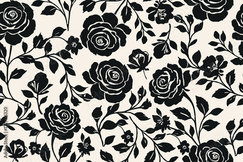 Seamless black rose floral pattern on light background, elegant vintage design for fabric, wallpaper, wrapping paper, textile prints, and classic decoration.