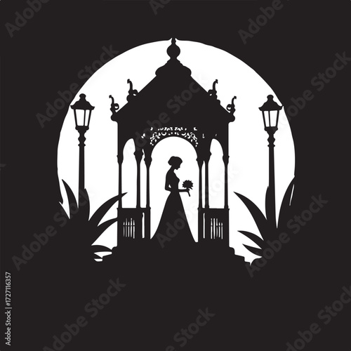 Silhouette bride in gazebo with moon and lampposts