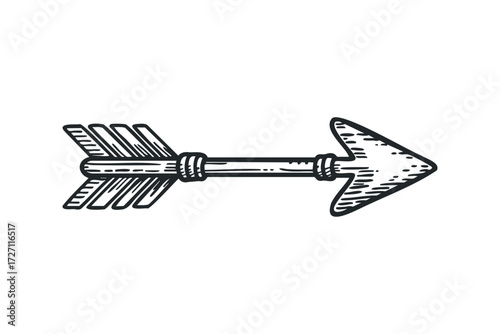 Vintage Arrow with Fletching and Point Isolated on White. Vector hand drawn illustration