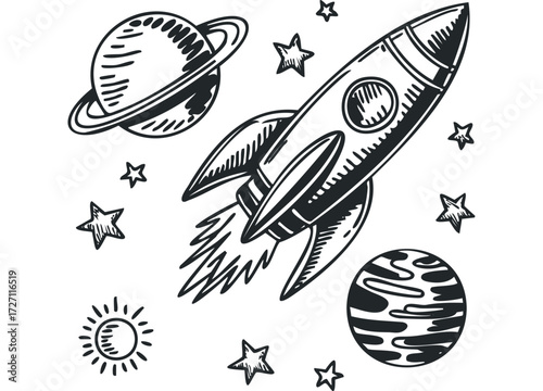 Rocketship soaring through stars and planets. Vector hand drawn illustration