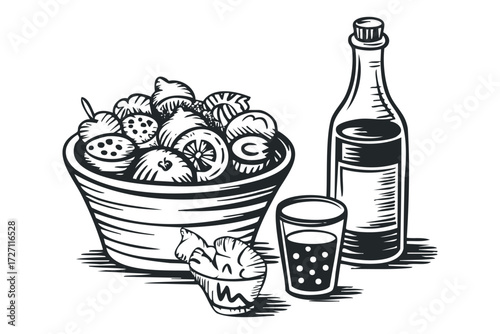 Still life fruit in bowl with drink and bottle. Vector hand drawn illustration