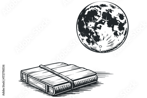 Vintage book with strap beside full moon. Vector hand drawn illustration