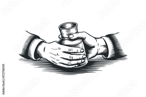 Hands holding small container with textured surface. Vector hand drawn illustration