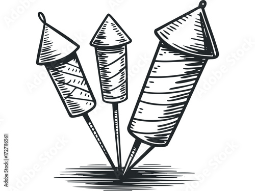 Three black and white hand-drawn fireworks rockets. Vector hand drawn illustration