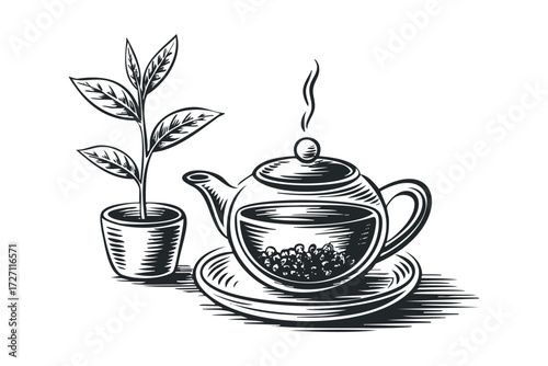 Potted Plant and Hot Steaming Teapot with Loose Leaf Tea. Vector hand drawn illustration