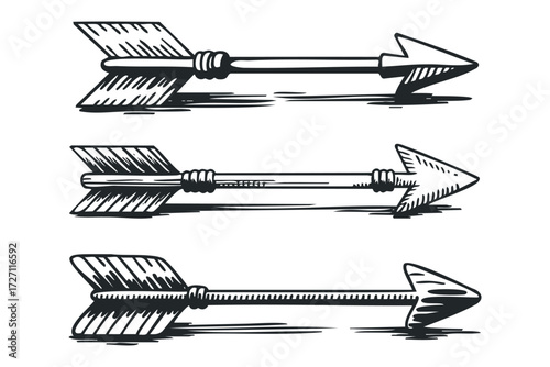 Three vintage hand-drawn arrows in a row. Vector hand drawn illustration