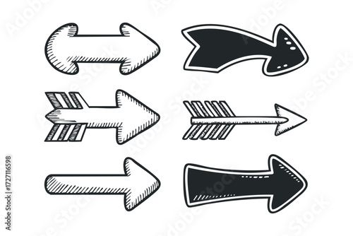 Hand drawn arrows with shading and outlines. Vector hand drawn illustration