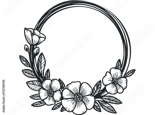 Floral Wreath Circle Frame with Hand Drawn Bloom Elements. Vector hand drawn illustration