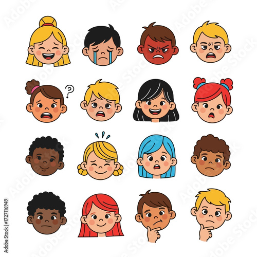 Diverse children express a spectrum of emotions from joy to confusion, perfect for educational or relatable storytelling projects.