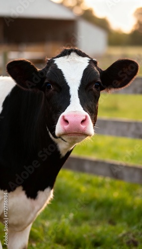 Close-up of Holstein cow face with soft farm background