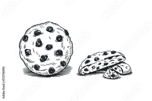 Line drawing of chocolate chip cookies on white background. Vector hand drawn illustration