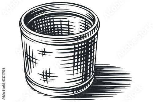 Black and white sketch of an empty metal waste bin. Vector hand drawn illustration