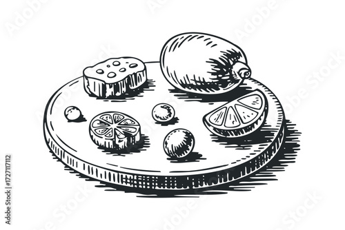 Hand drawn sketch of citrus fruit and cheese on a wooden board. Vector hand drawn illustration