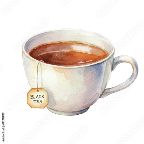 Watercolor Black Tea Cup Vector Illustration Isolated on White Background, Hot Herbal Drink Clipart for Café, Menu, and Beverage Design