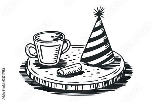 Party hat and mug on circular stand with rolled item. Vector hand drawn illustration