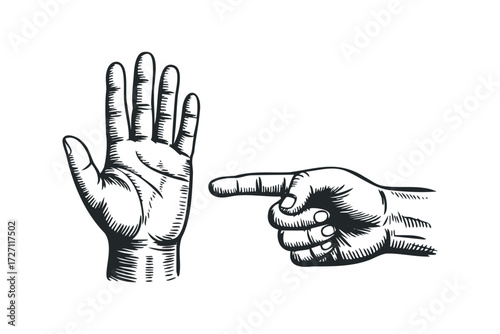Gesture of pointing finger and open palm. Vector hand drawn illustration