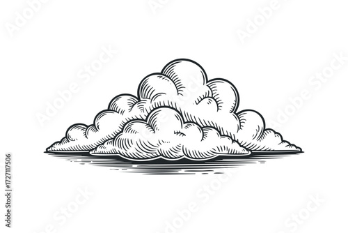 Stylized Engraved Cloud Formation Isolated on White. Vector hand drawn illustration
