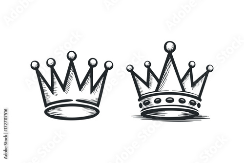 Two Sketch Crowns on White Background. Vector hand drawn illustration