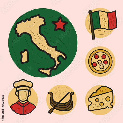 Italian culture icons including map, flag, pizza, pasta, cheese, and chef – perfect for educational materials, travel guides, and culinary publications