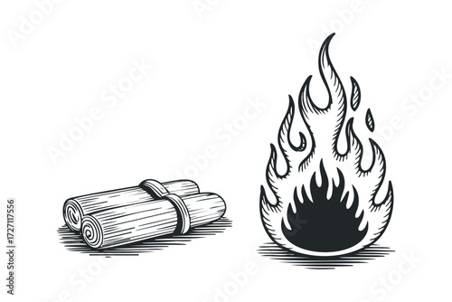 Burning wood logs with flame on white background. Vector hand drawn illustration