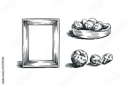 Sketch of empty picture frame with fruit in a bowl. Vector hand drawn illustration