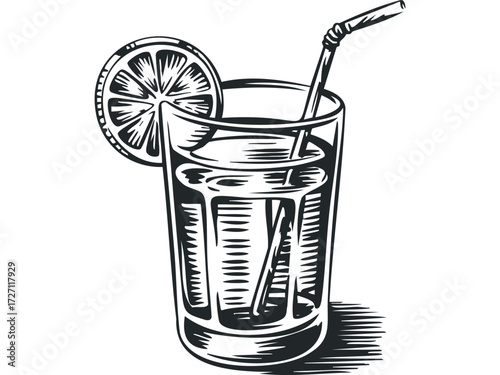 Clear glass with citrus drink and straw. Vector hand drawn illustration