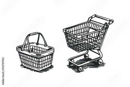 Shopping basket and wheeled cart side by side. Vector hand drawn illustration