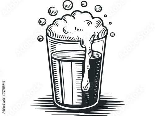 Glass of foamy beverage with overflowing bubbles. Vector hand drawn illustration