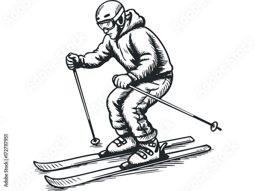 Skier in action descending a slope with poles. Vector hand drawn illustration