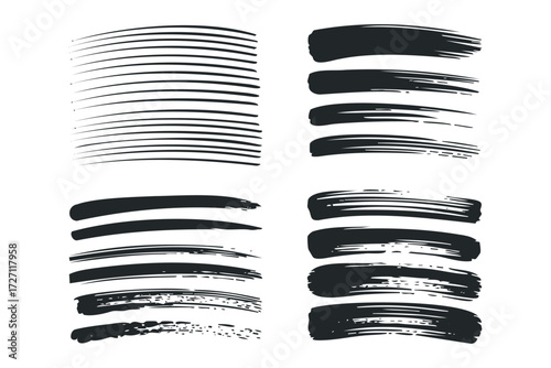 Collection of black brush stroke shapes and lines. Vector hand drawn illustration