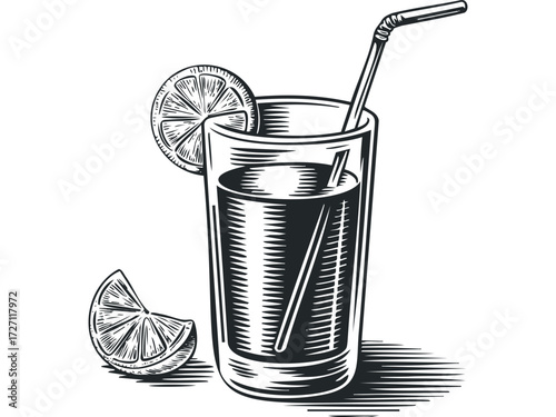 Glass of Citrus Drink with Straw and Fruit Slice. Vector hand drawn illustration