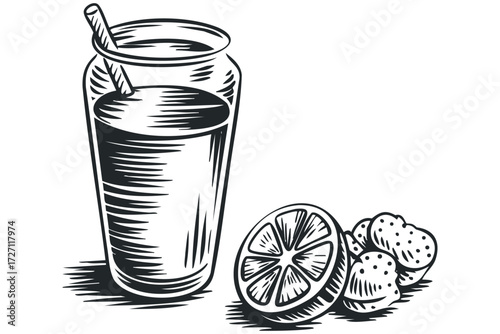 Glass of Iced Beverage with Citrus and Berries. Vector hand drawn illustration